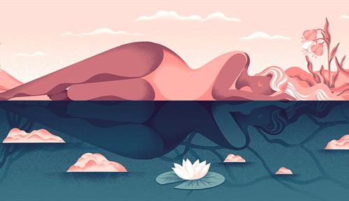 La ilustración conceptual muestra a una mujer tumbada medio sumergida en el agua. Sobre el agua hay plantas en floración. Hay lirios de agua flotando en el agua junto a ella.